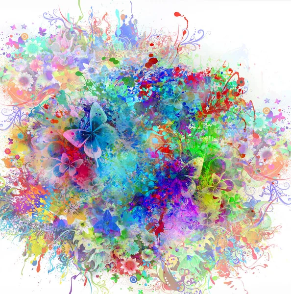 Kolorowe Plamy Farby Cyfrowej Ilustracji Motyli Kwiatów — Zdjęcie stockowe