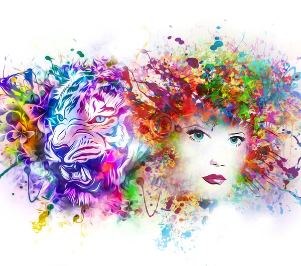 五颜六色的油漆飞溅数字插图与老虎和女性的脸 — 图库照片