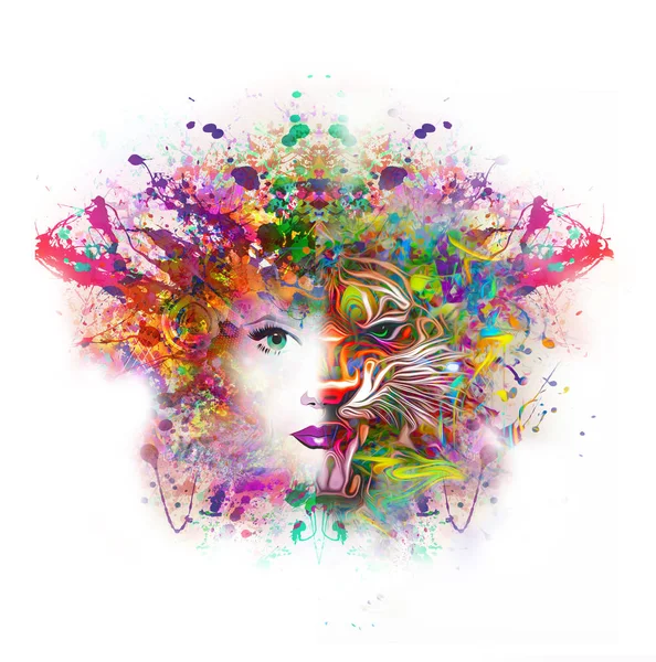 Abstract Multicolored Splashes Tiger Female Faces Digital Illustration — Stock Photo, Image