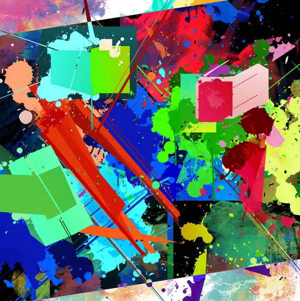 abstract multicolored splashes with geometrical figures and pattern, digital illustration