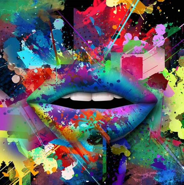 Abstrakte Bunte Spritzer Mit Weiblichen Lippen Digitale Illustration — Stockfoto