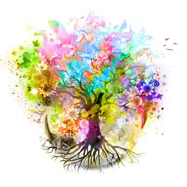 Fundo Colorido Futurista Com Árvore Belas Borboletas Com Manchas Tinta — Fotografia de Stock