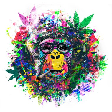 grunge background with graffiti and painted ape with cannabis cigarette 