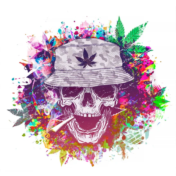 Bunter Totenkopf Mit Cannabiszigarette Auf Weißem Hintergrund Moderne Grafische Illustration — Stockfoto