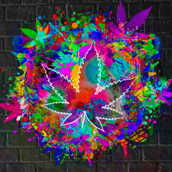 レンガの壁の背景に抽象的なカラフルな大麻の葉 — ストック写真
