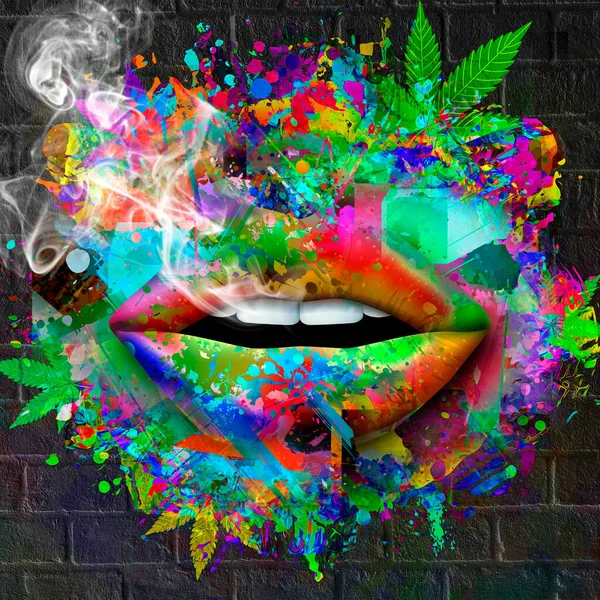 Salpicaduras Multicolores Abstractas Con Labios Femeninos Ilustración Digital —  Fotos de Stock