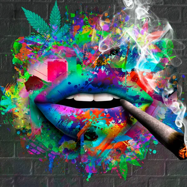 Salpicaduras Multicolores Abstractas Con Labios Femeninos Sosteniendo Cigarrillo Ilustración Digital — Foto de Stock