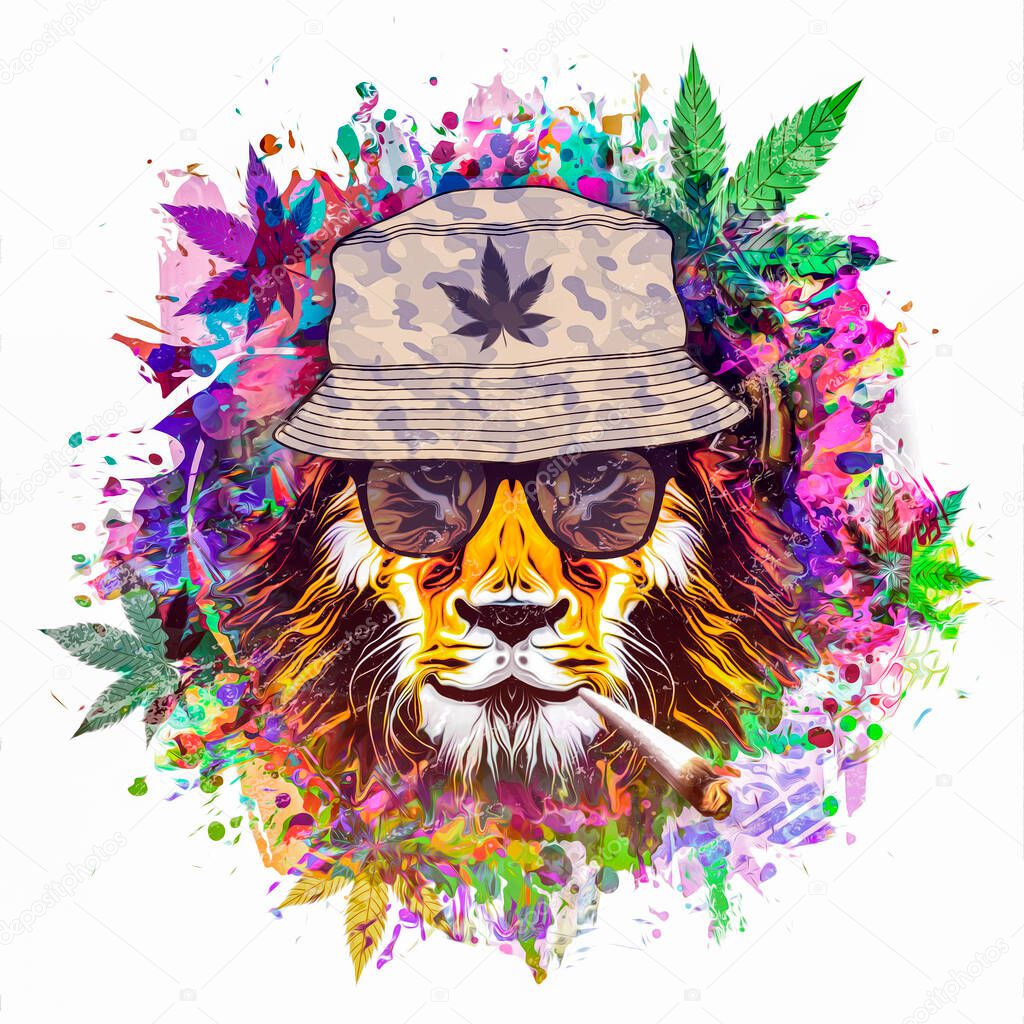 grunge background with graffiti and painted lion with cannabis cigarette 