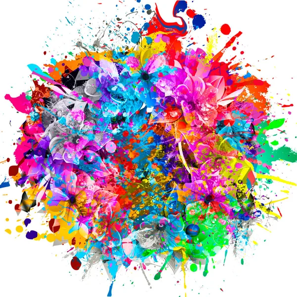 Kleurrijke Verf Spat Digitale Illustratie Met Bloemen — Stockfoto