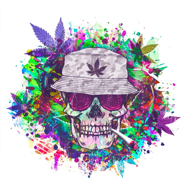 Calavera Colorida Con Cigarrillo Cannabis Sobre Fondo Blanco Ilustración Gráfica —  Fotos de Stock