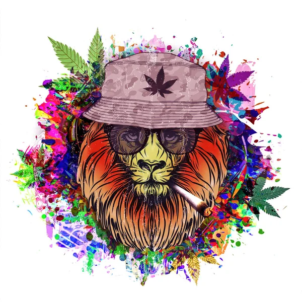 Grunge Achtergrond Met Graffiti Geschilderde Leeuw Met Cannabis Sigaret — Stockfoto