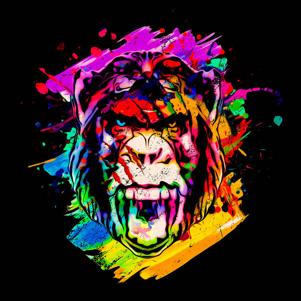 Красочные художественные злые обезьяны с красочными брызгами краски на темном фоне
