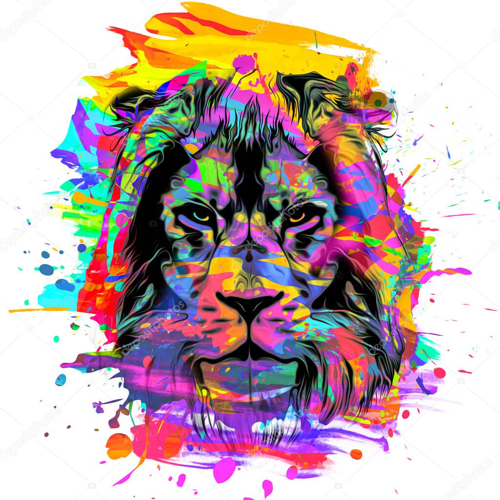 bright artistic lion face on colored background