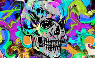 soyut renkli sanatsal kafatası, grafik tasarım konsepti, parlak renkli sanat 