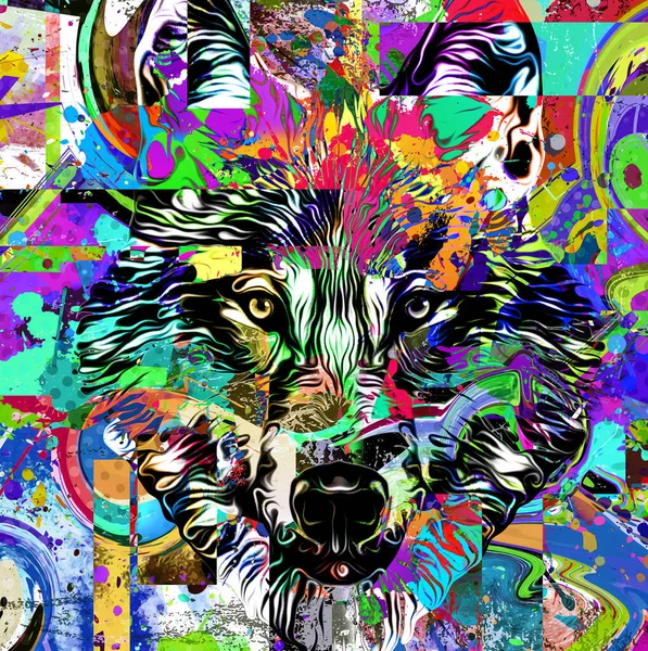 背景に創造的なカラフルな抽象的な要素を持つオオカミ — ストック写真
