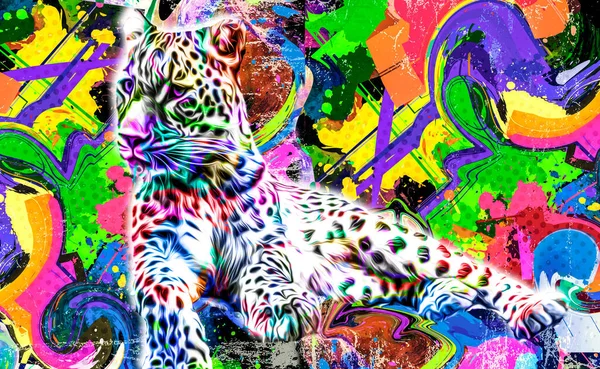 Leopard Mit Kreativen Bunten Abstrakten Elementen Auf Hintergrund — Stockfoto