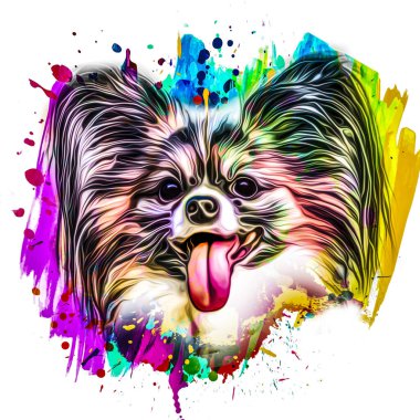 Beyaz arka planda rengarenk yaratıcı unsurlarla köpek kafası çizimi 