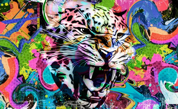 Illustration Tête Jaguar Sur Fond Avec Des Éléments Créatifs Colorés — Photo