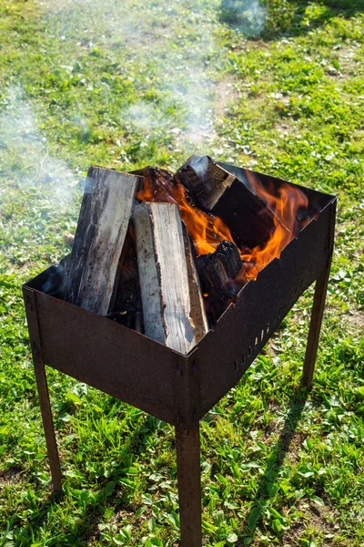 Wood-fired grill staying on the grass with a fire and burning wood in it. Vertical orientation.