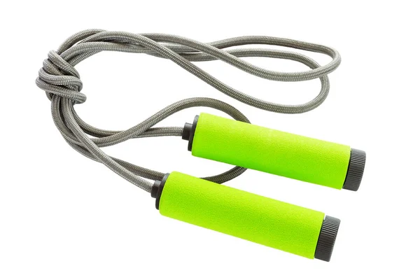 明るい緑色のジャンプロープは 白い背景に隔離されたハンドルを持ちます 水平方向 ロイヤリティフリーのストック写真