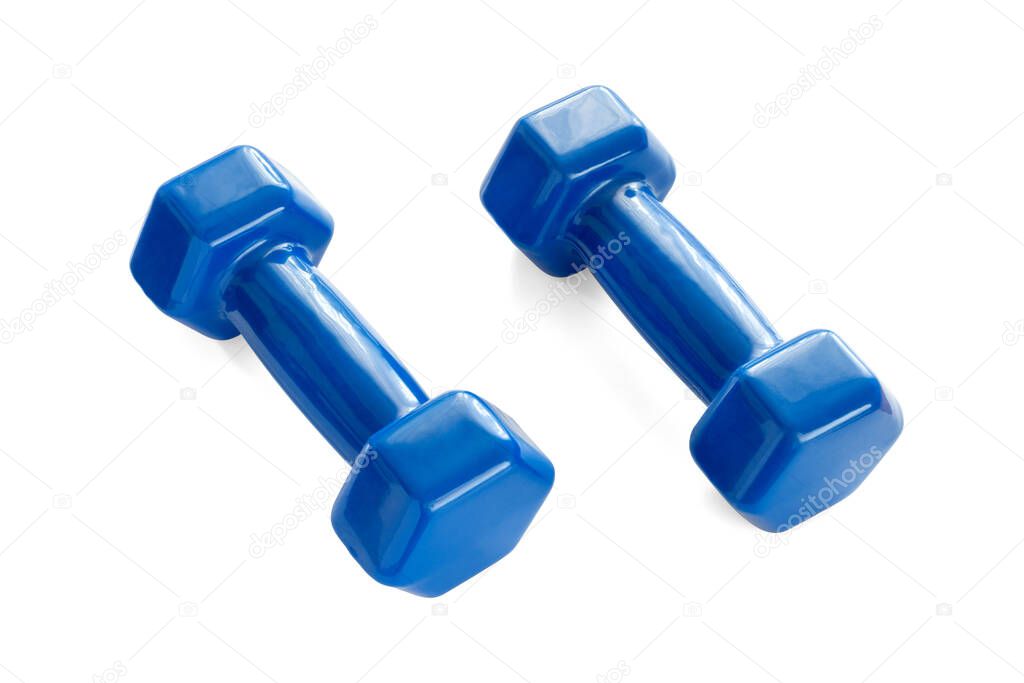 Two dark blue dumbbells isolated on white background with a clipping path.