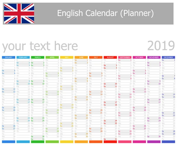2019 Engelska Planner Kalender Med Vertikal Månader Vit Bakgrund — Stock vektor