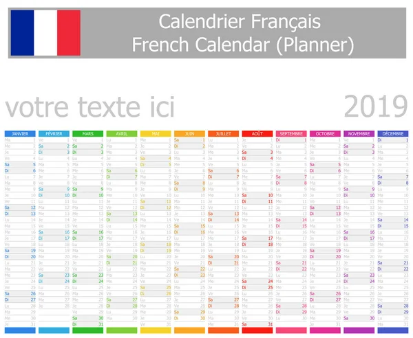 2019 Fransk Planner Kalender Med Lodret Måneder Hvid Baggrund – Stock-vektor