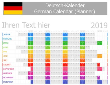 2019 Almanca planlayıcısı takvim ile beyaz arka plan üzerinde yatay ay
