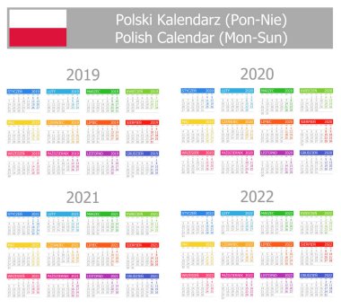2019-2022 Lehçe tip-1 takvimi Pts-Paz beyaz arka plan üzerinde