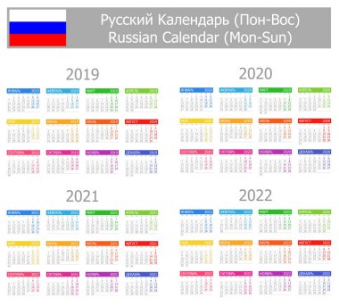 2019-2022 Rus tip-1 takvimi Pts-Paz beyaz arka plan üzerinde