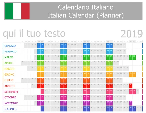 2019 Italské Planner Kalendáře Vodorovnou Měsíce Bílém Pozadí — Stockový vektor