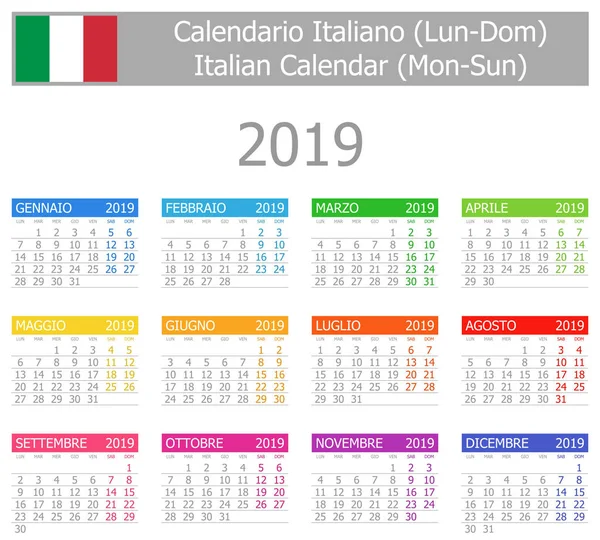 2019意大利类型1日历月亮太阳在白色背景 — 图库矢量图片