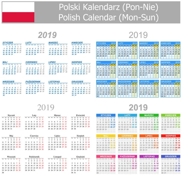 2019年波兰混合日历月亮 太阳在白色背景 — 图库矢量图片