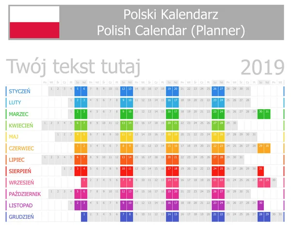 Calendrier Des Planificateurs Polonais 2019 Avec Mois Horizontaux Sur Fond — Image vectorielle