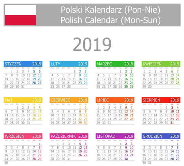 2019波兰类型1日历月亮太阳在白色背景 — 图库矢量图片