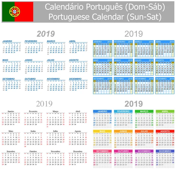 2019 Portugalski Mix Kalendarz Słoneczny Sat Białym Tle — Wektor stockowy