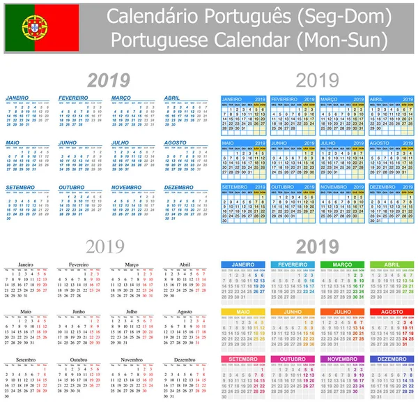 2019 Portoghese Mix Calendar Lun Dom Sfondo Bianco — Vettoriale Stock