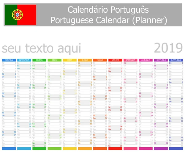 2019 Portuguese Planner Calendar Vertical Months White Background — Stock Vector