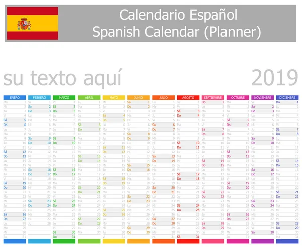2019年西班牙规划师日历与垂直月在白色背景 — 图库矢量图片