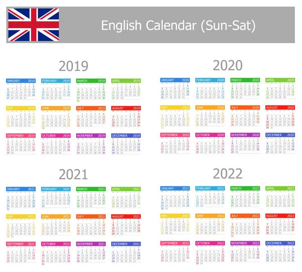 English Type Calendar Sun Sat White Background 2019 2022 — стоковый вектор