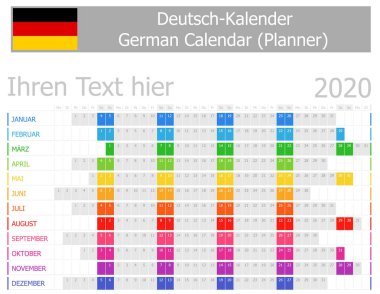 Beyaz arka plan üzerinde yatay ay ile 2020 Almanca planlayıcısı takvim