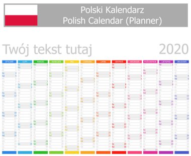 Beyaz arka plan üzerinde dikey ay ile 2020 Lehçe planlayıcısı takvim