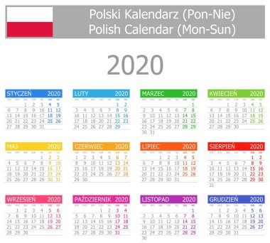 2020 Lehçe tip-1 takvimi Pts-Paz beyaz arka plan üzerinde