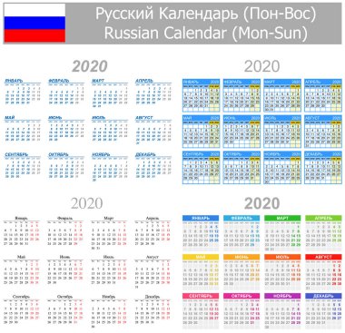 2020 Rus Mix takvimi Pts-Paz beyaz arka plan üzerinde