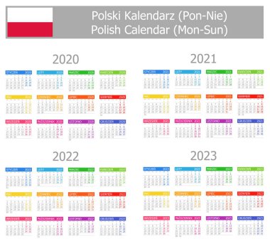 2020-2023 Lehçe tip-1 takvimi Pts-Paz beyaz arka plan üzerinde