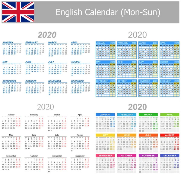 Calendario Mix Inglés 2020 Lun Sun Sobre Fondo Blanco — Archivo Imágenes Vectoriales