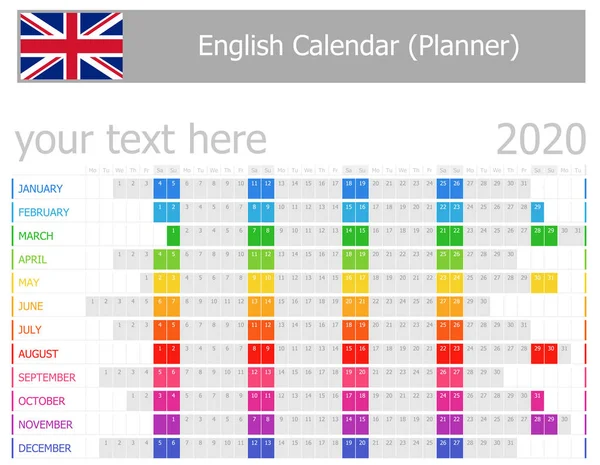 2020 English Planner Calendar Horizontal Months White Background — Stock Vector