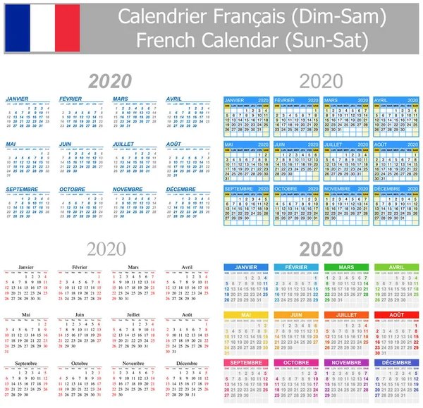 2020 Francese Mix Calendario Sole Sab Sfondo Bianco — Vettoriale Stock