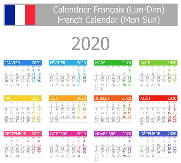 2020 French Type Calendar Mon Sun White Background — Stock Vector