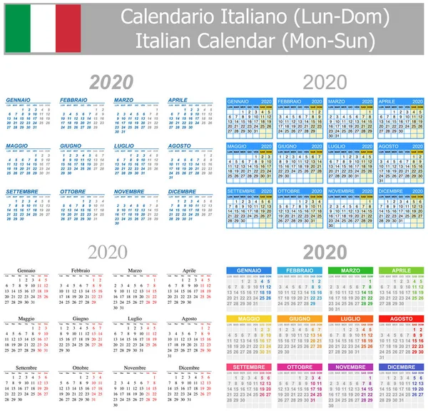 2020 Italian Mix Calendar Lun Dom Sfondo Bianco — Vettoriale Stock